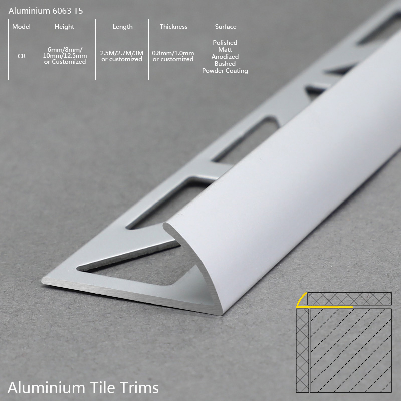 Round Shape Ceramic Tile Decorative Trim Aluminium Profile CR