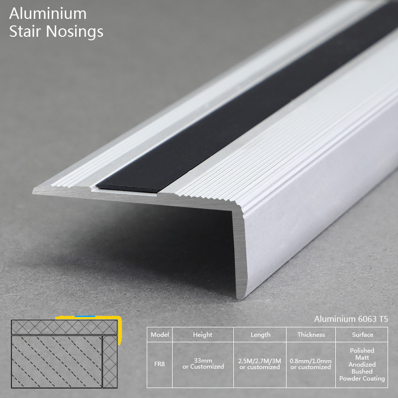 Aluminium Matt Silver Exterior Stair Nosing With Black Rubber FR8