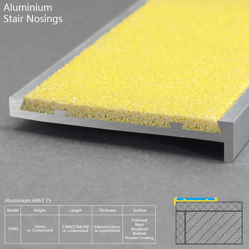 Aluminium Yellow Carborundum Insert Outdoor Stair Nosing FSW3